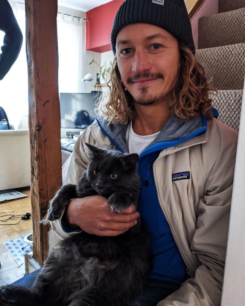 chat aventureux rejoint propriétaire balades vélo s'assied épaules